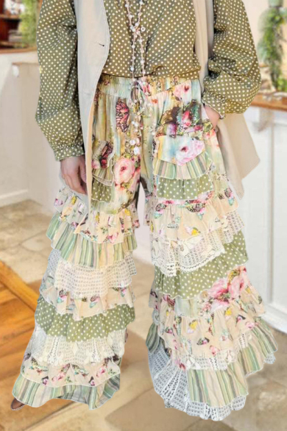 Fresh Polka Dot Floral Ruffle Long Pants