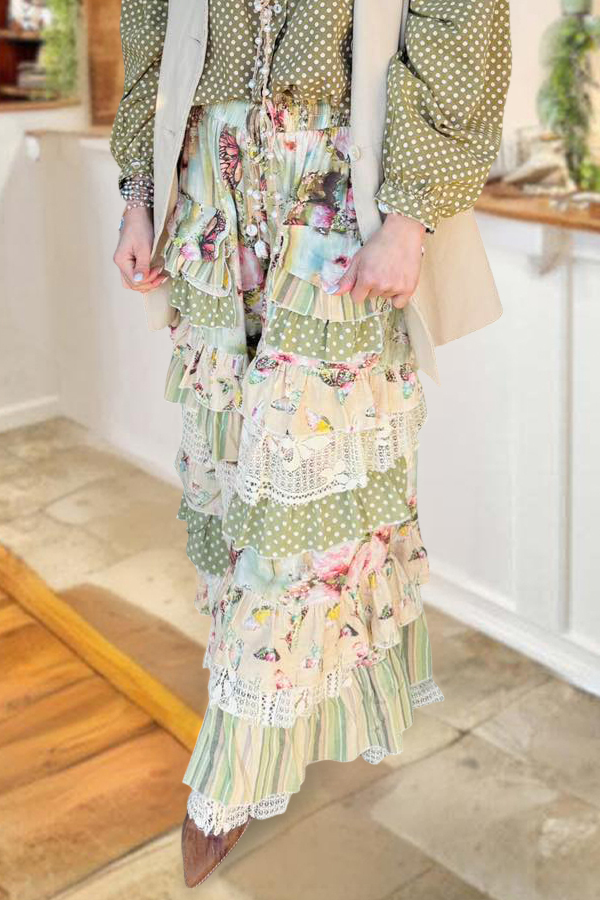 Fresh Polka Dot Floral Ruffle Long Pants