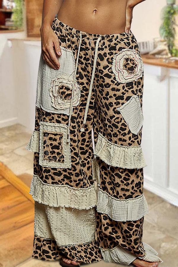 Unique Leopard Print Patchwork Pants