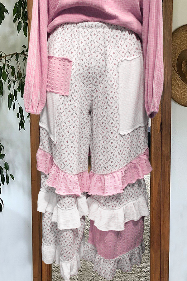 Unique Floral Patchwork Ruffled Pants
