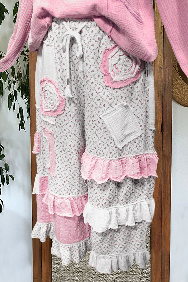 Unique Floral Patchwork Ruffled Pants