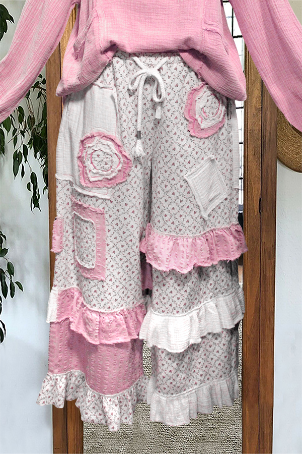 Unique Floral Patchwork Ruffled Pants