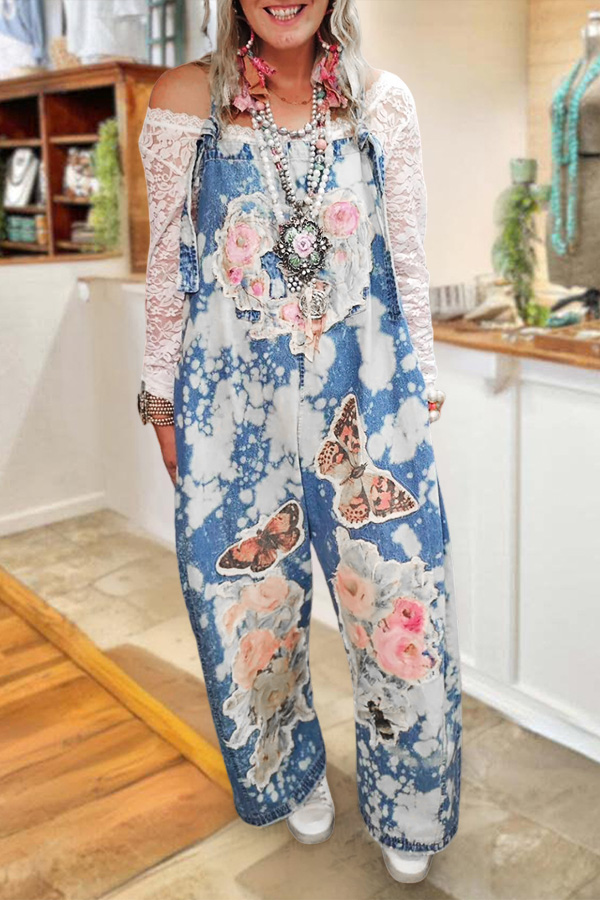 Vintage Floral Butterfly Patchwork Overalls