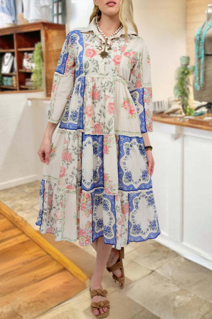 Romantic Floral Color Block Midi Dress