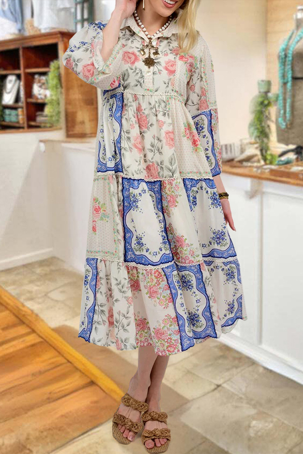Romantic Floral Color Block Midi Dress