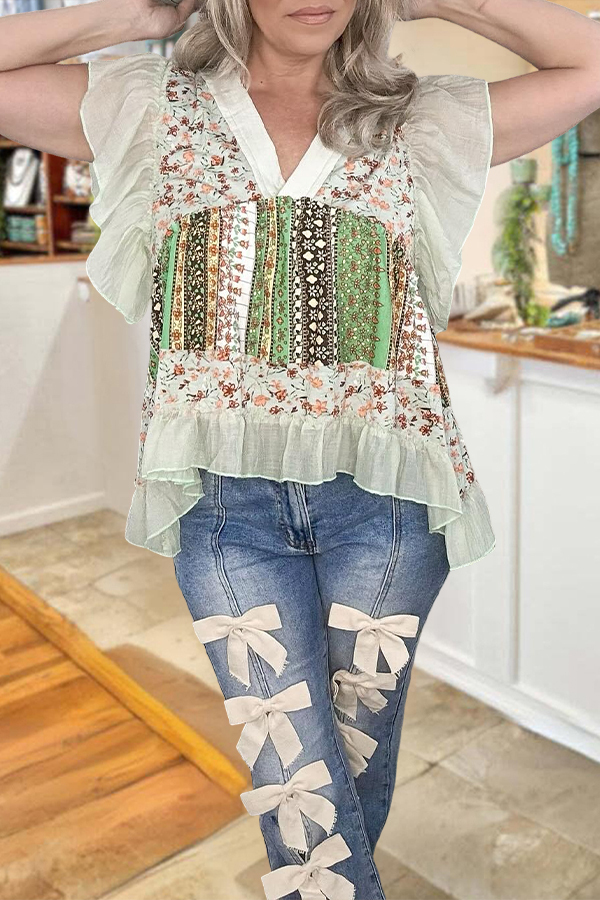 Fresh Floral Ruffle Flutter Sleeve Blouses