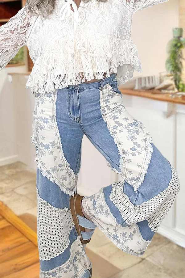Floral Mesh Patchwork Jeans