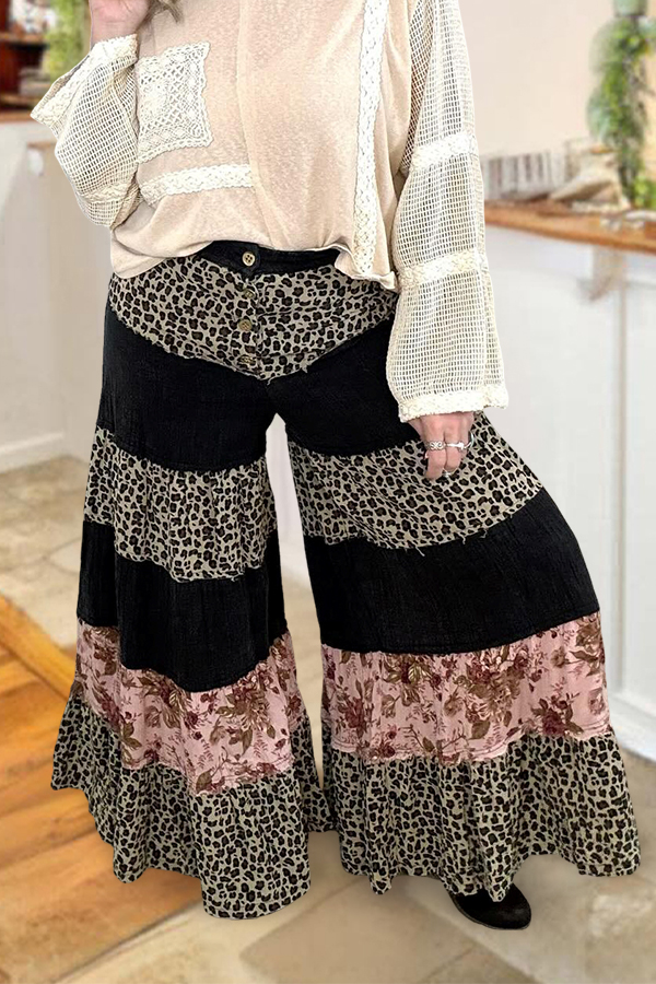 Classic Leopard Floral Color Block Loose Pants