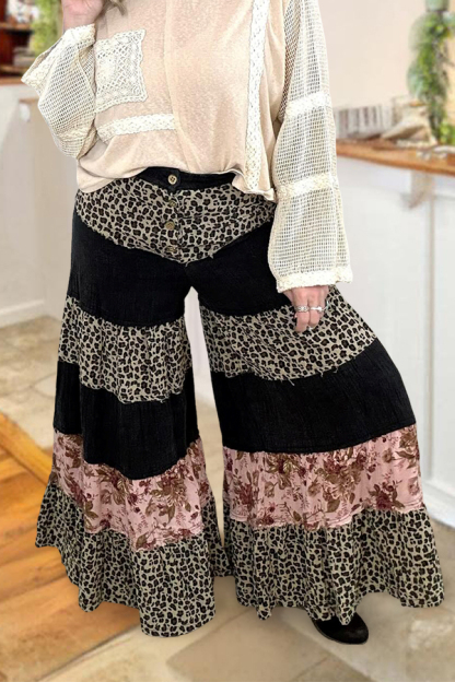 Classic Leopard Floral Color Block Loose Pants