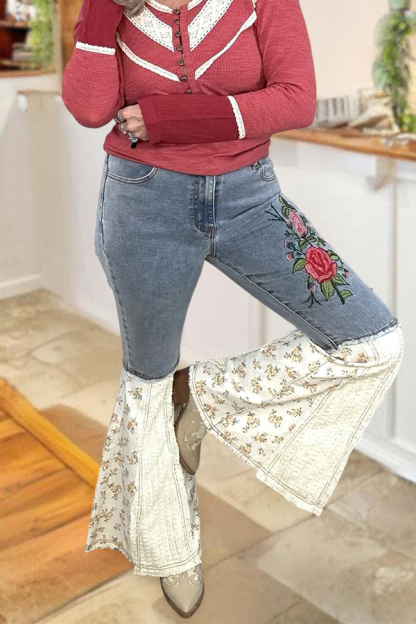 Floral Embroidered Patchwork Flare Jeans