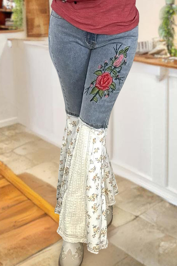 Floral Embroidered Patchwork Flare Jeans