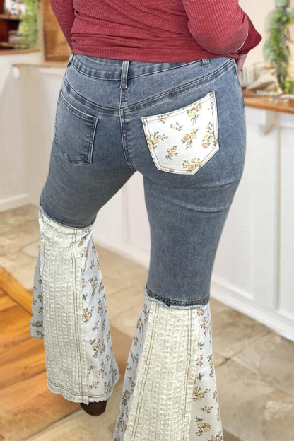 Floral Embroidered Patchwork Flare Jeans