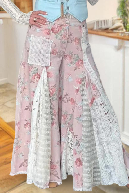 Sweet Floral Lace Splicing Wide-Leg Pants