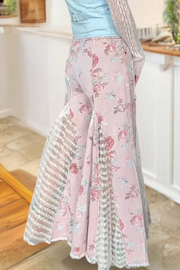 Sweet Floral Lace Splicing Wide-Leg Pants