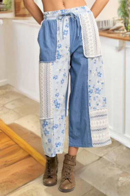 Fresh Floral Lace Splicing Cropped Pants