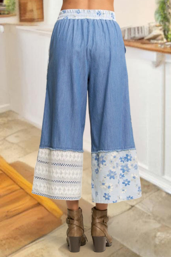 Fresh Floral Lace Splicing Cropped Pants