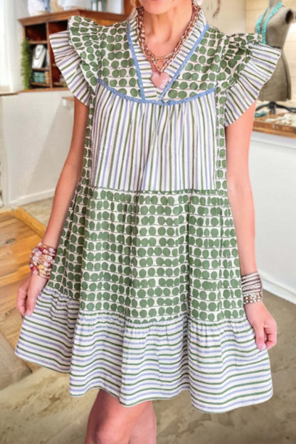 Striped Polka Dot Flutter Sleeve Dress
