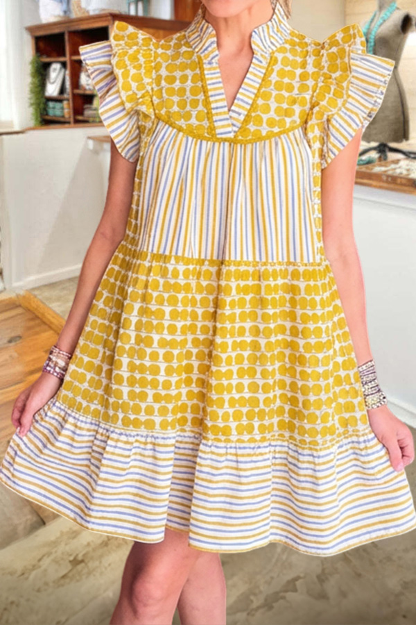 Striped Polka Dot Flutter Sleeve Dress