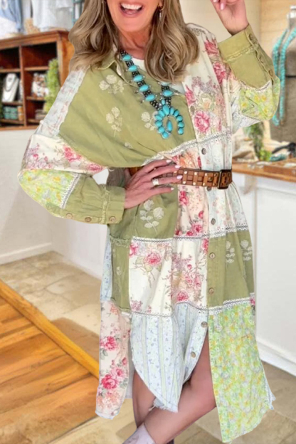Fresh Floral Patchwork Print Midi Shirt Dress