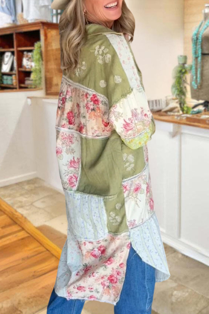 Fresh Floral Patchwork Print Midi Shirt Dress