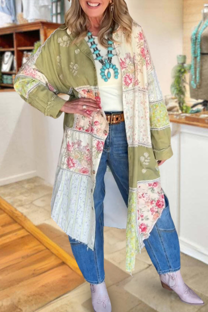 Fresh Floral Patchwork Print Midi Shirt Dress