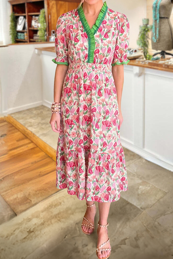 Sweet Floral Ruffle Color Block Dress