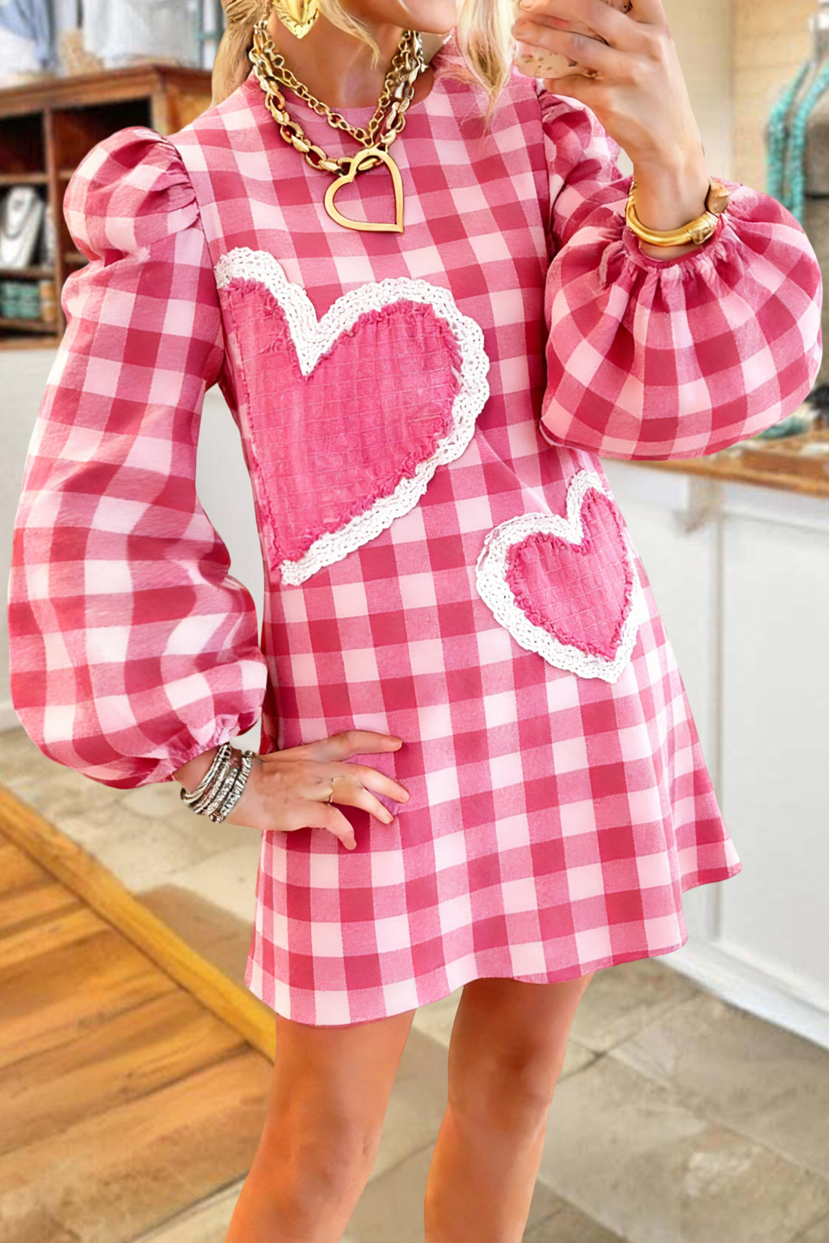 Galentine's Day Party Heart Plaid Puff Sleeve Sweatshirt Dress