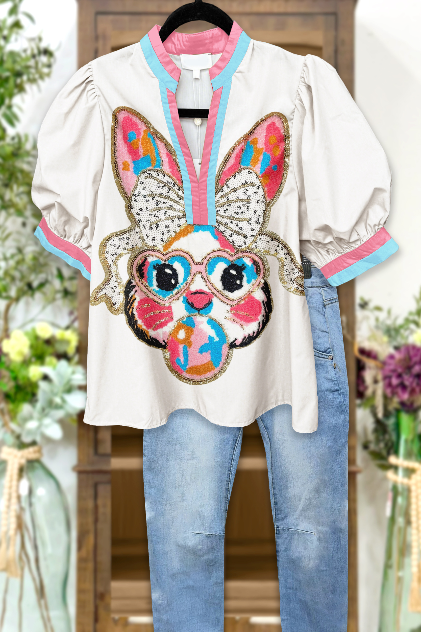 Cute Easter Bunny Puff Sleeve Blouses