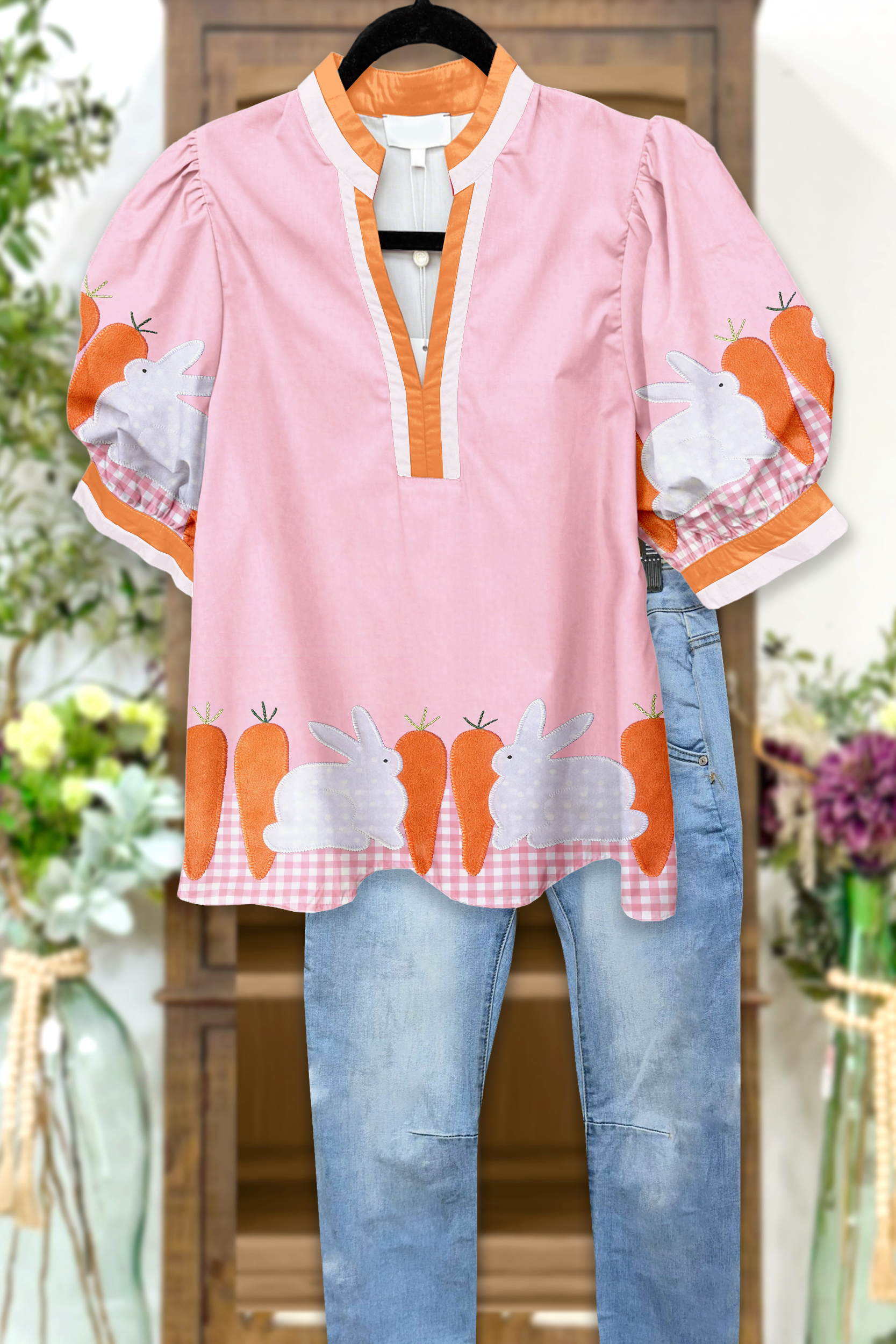 Cute Easter Bunny Carrot Puff Sleeve Blouses