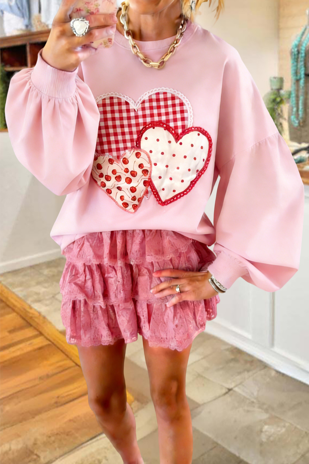 Cute Heart Galentine's Day Party Lantern Sleeve Sweatshirt
