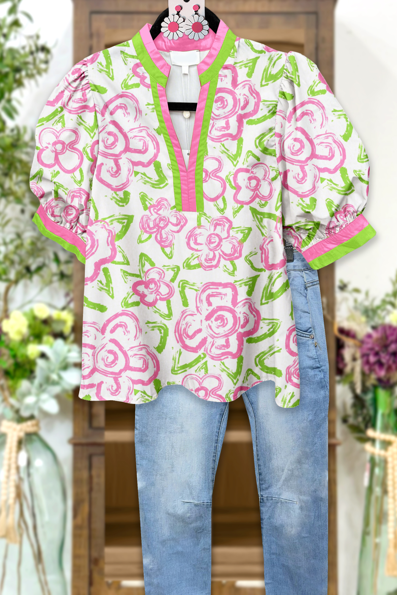 Fresh Floral Puff Sleeve Blouses