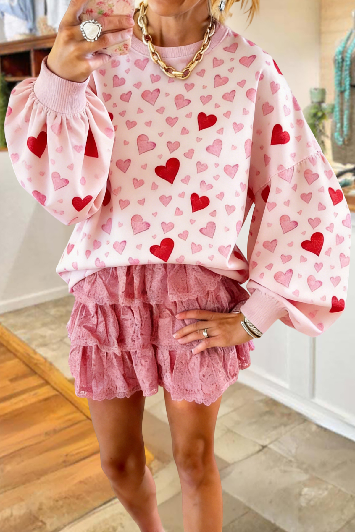 Galentine's Day Party Heart Lantern Sleeve Sweatshirt