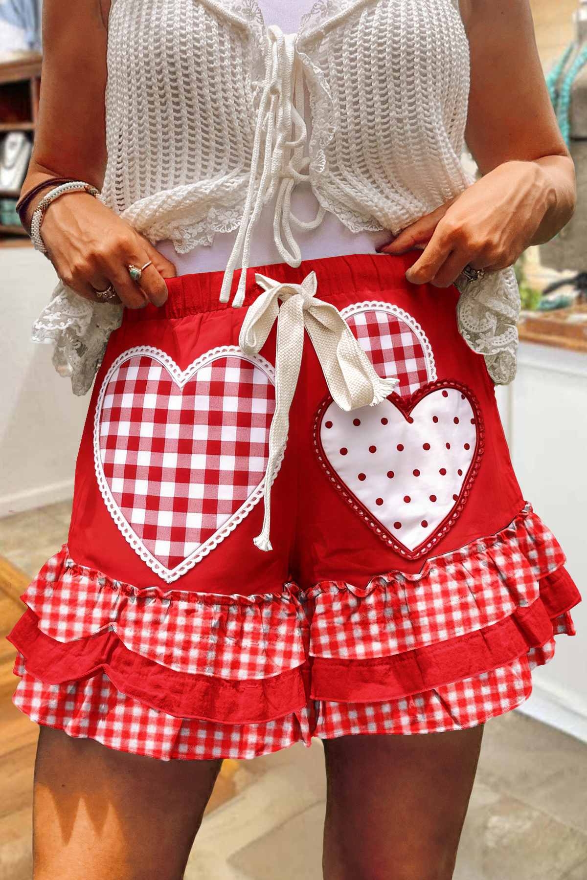 Women's shorts | Galentine's Day Party Heart Plaid Multi-layer Ruffle Shorts |ladyboutiquebd