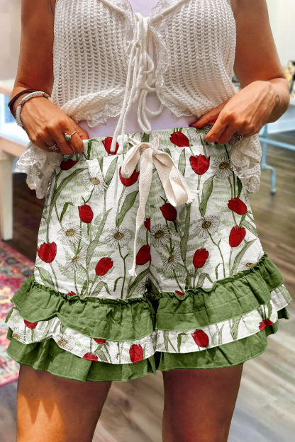 Fresh Floral Multi-layer Ruffle Shorts