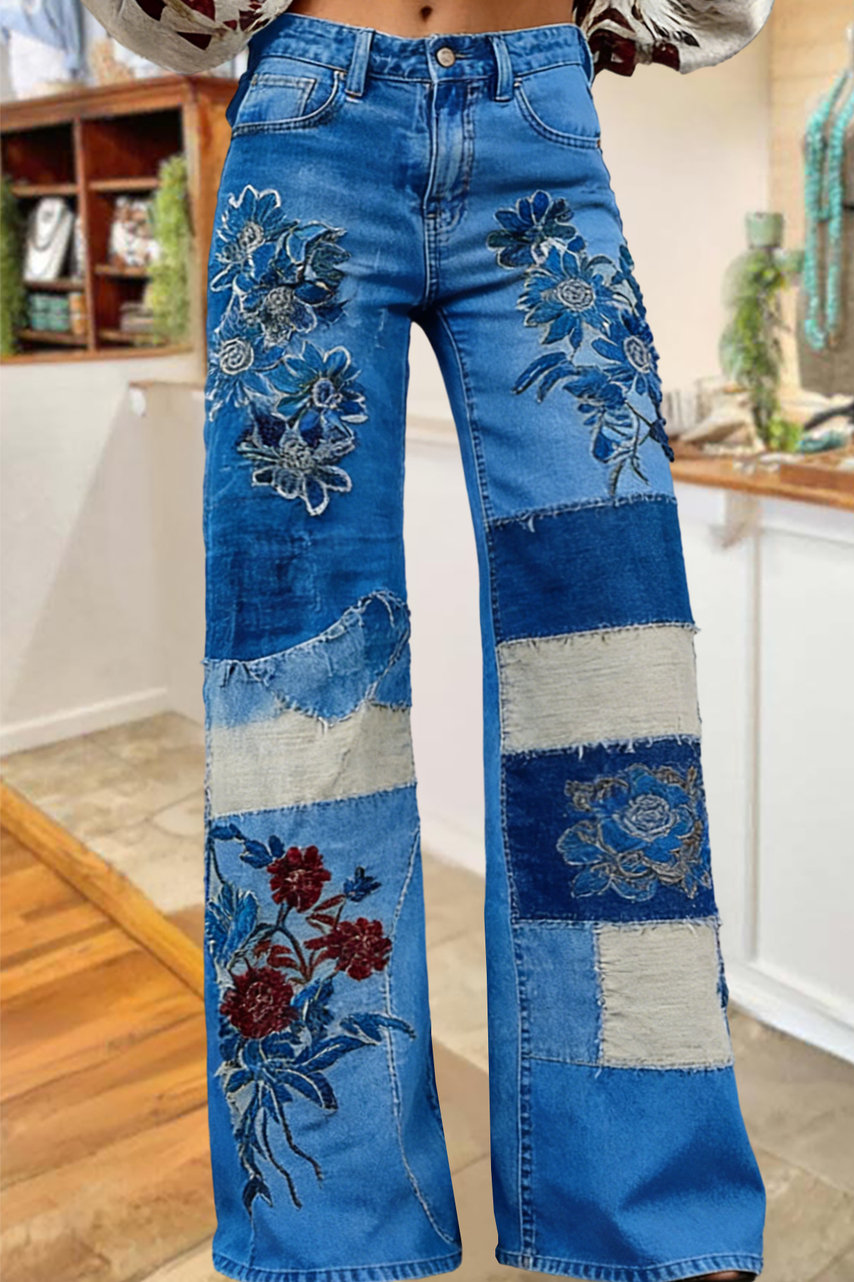 Vintage Floral Patchwork Wide Leg Pants