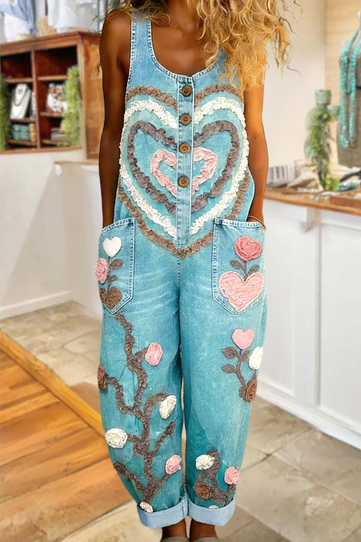 Women's jumpsuit | Fresh Heart Flower Sleeveless Washed Cotton Overalls |ladyboutiquebd