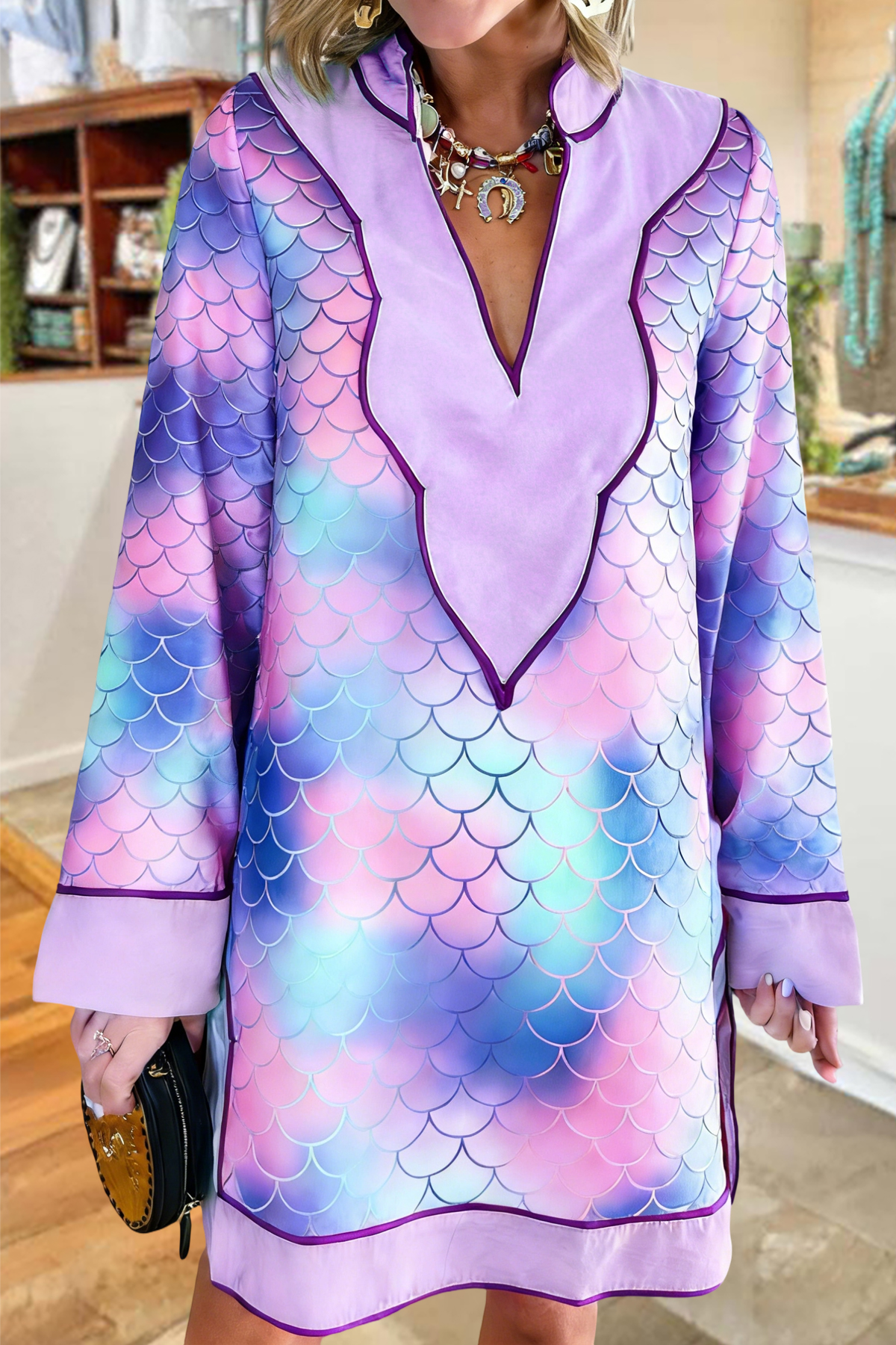 Unique Gradient Print V-neck Dress