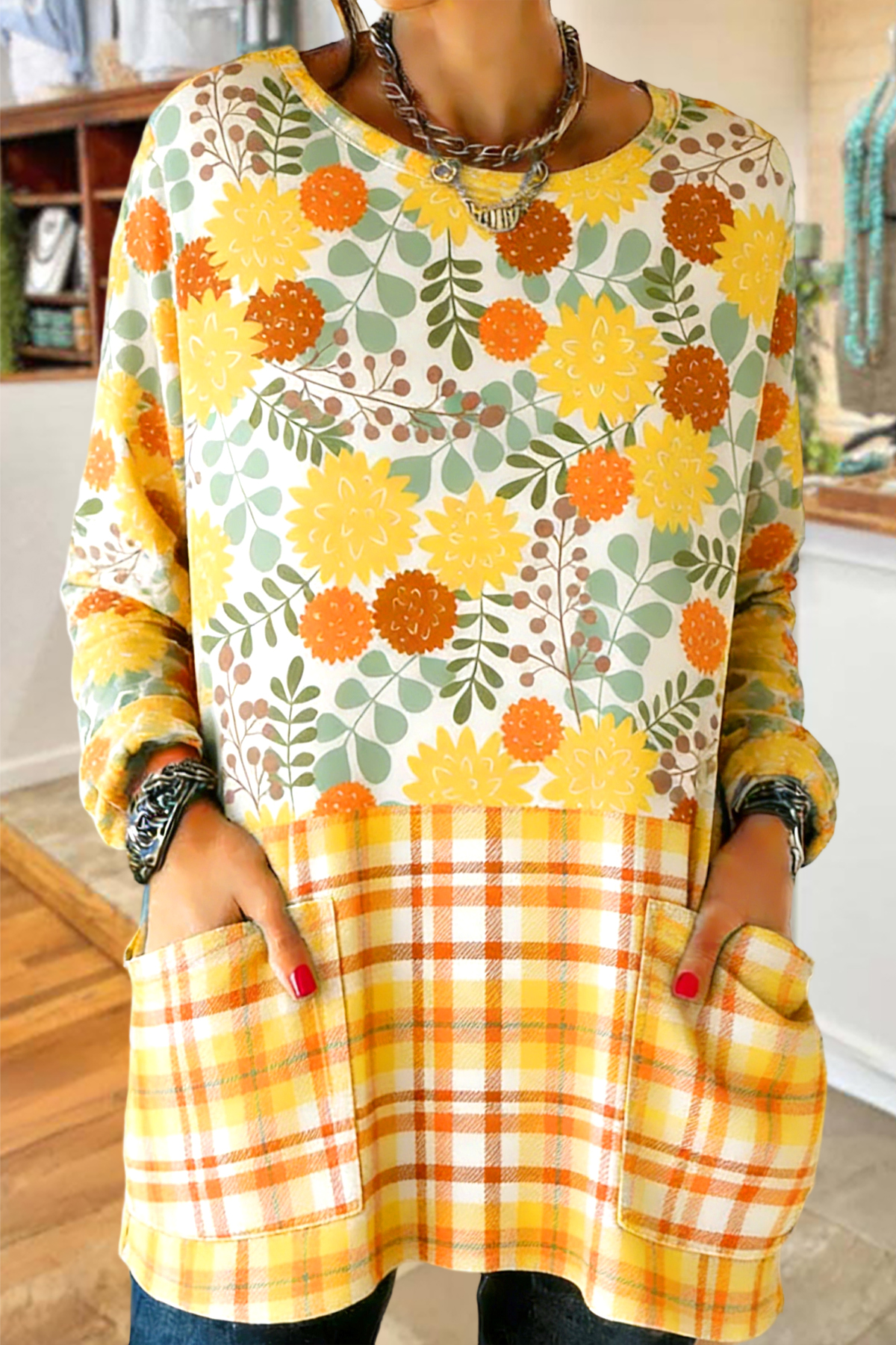 Sweet Floral Plaid Pocket Cotton T-shirt