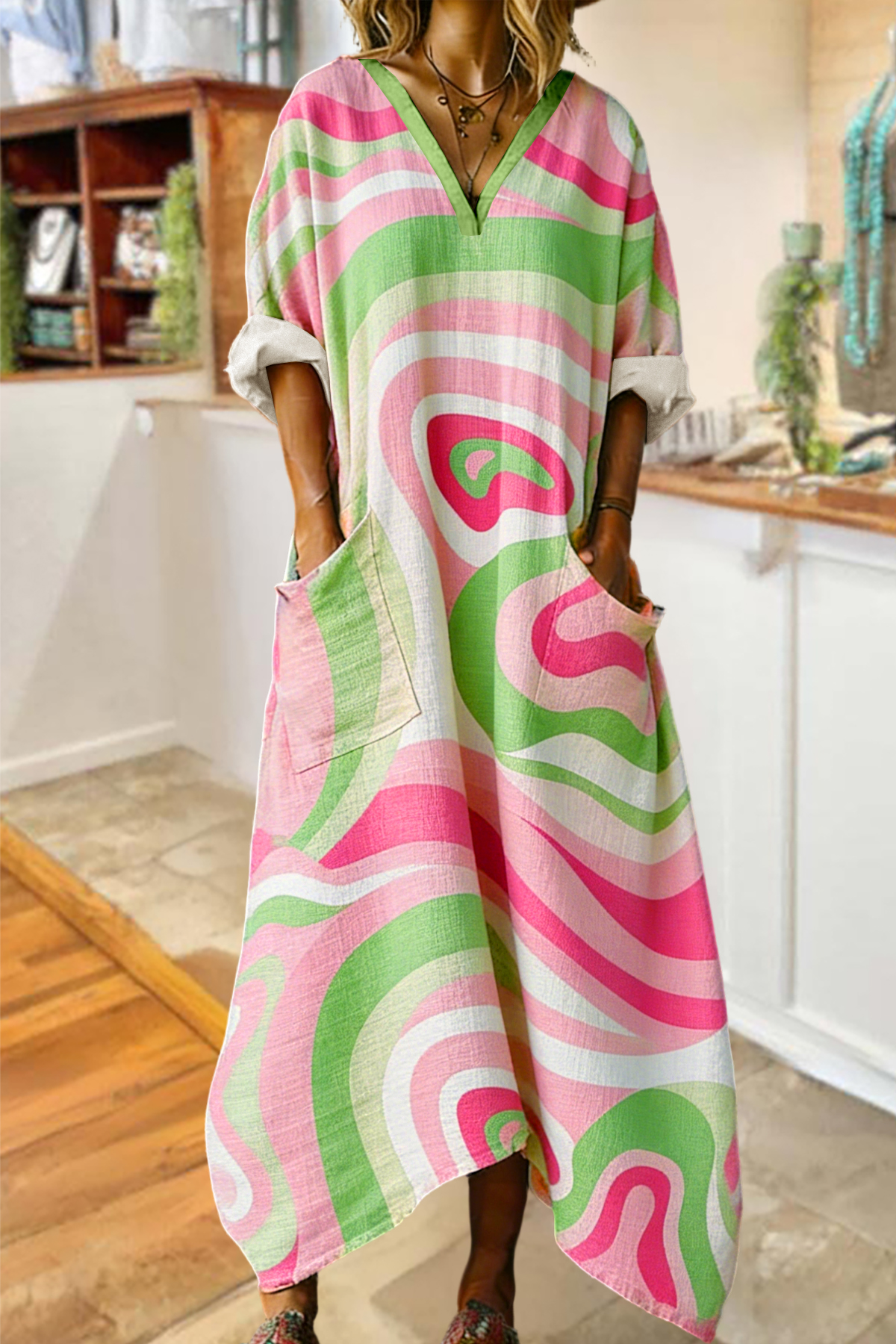 Fresh Abstract Print V-neck Cotton Linen Pocket Long Dress