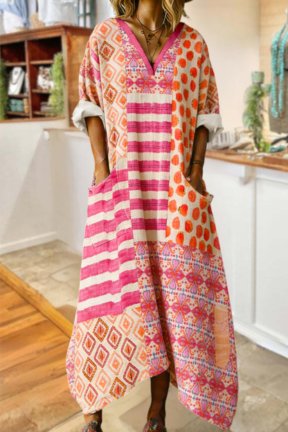 Vintage Floral Print V-neck Cotton Linen Pocket Long Dress