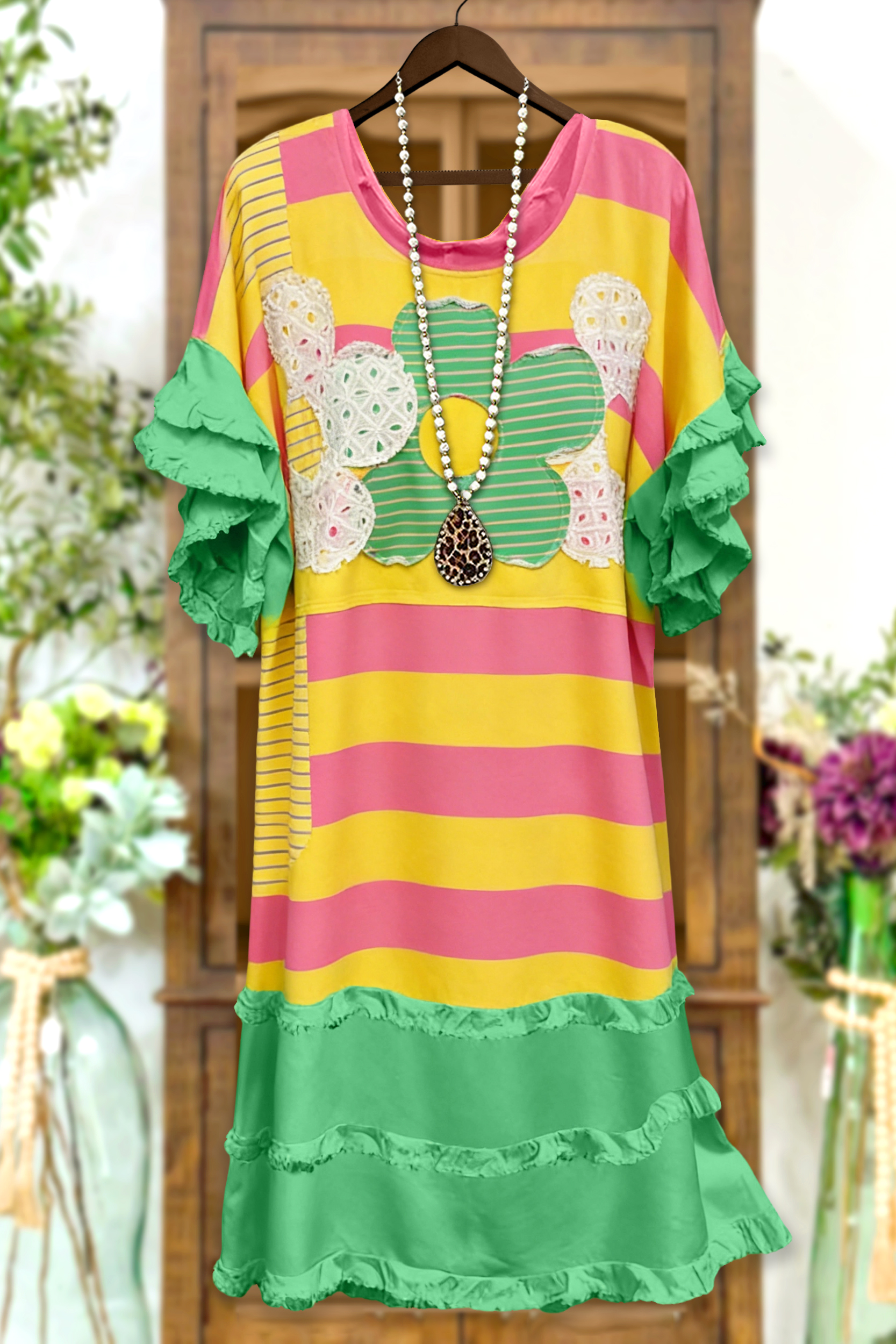 Classic Floral Stripe Print Ruffled Raglan Sleeve Dress