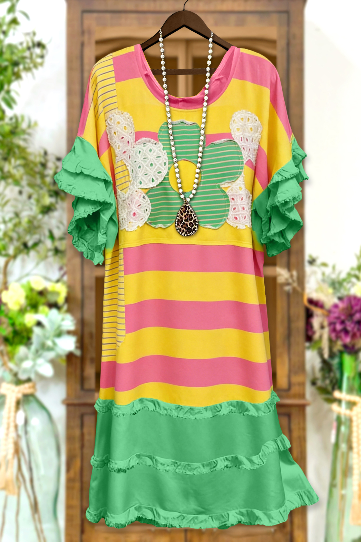 Classic Floral Stripe Print Ruffled Raglan Sleeve Dress