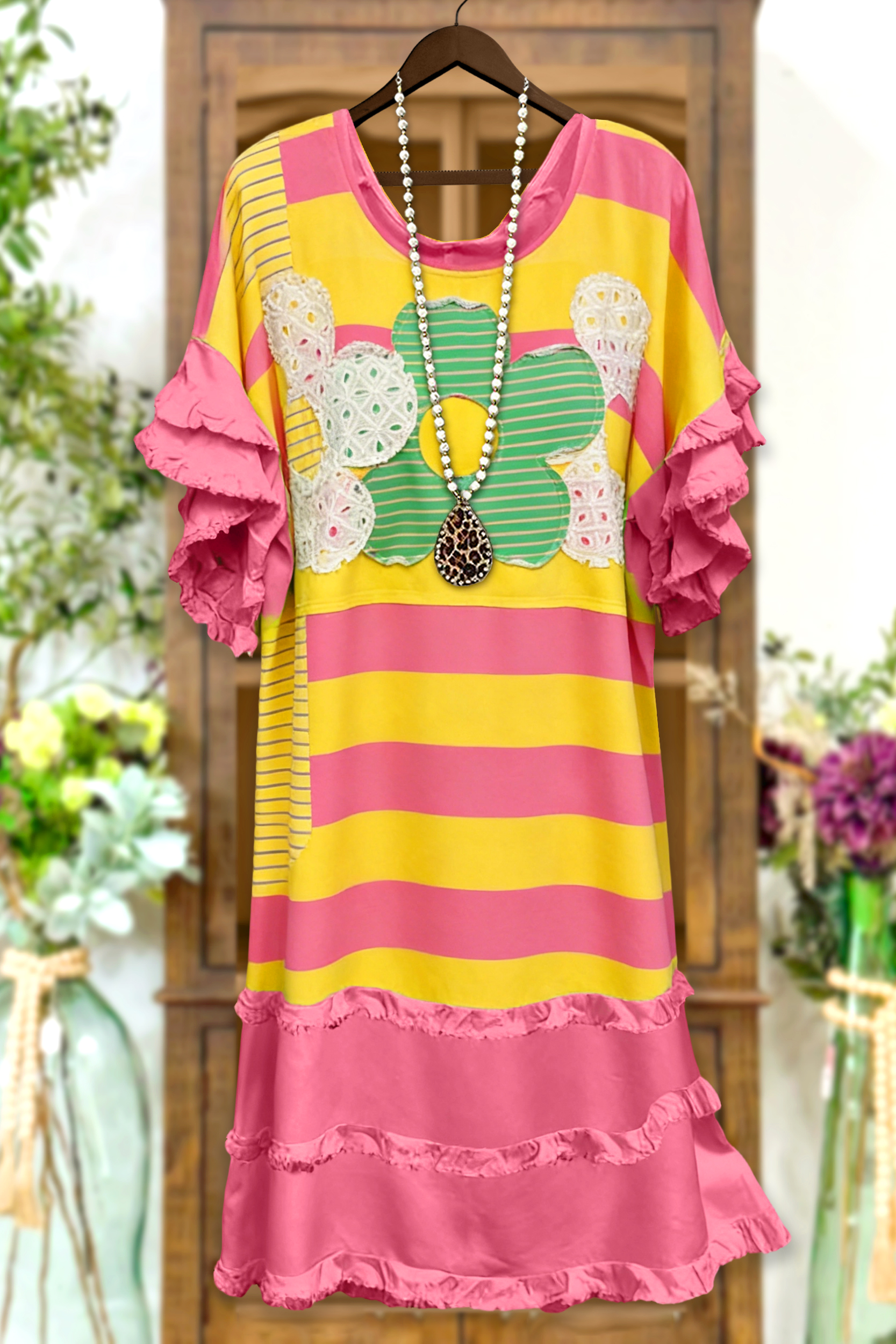 Classic Floral Stripe Print Ruffled Raglan Sleeve Dress