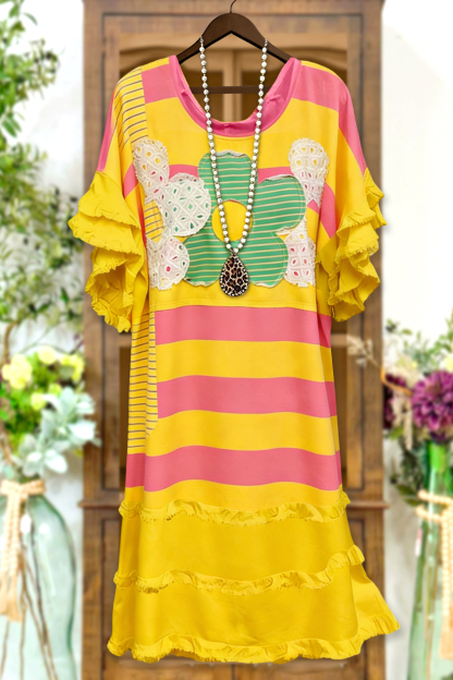 Classic Floral Stripe Print Ruffled Raglan Sleeve Dress