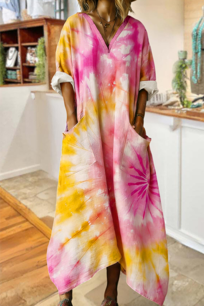 Fresh Tie-dye Print V-neck Cotton Linen Pocket Long Dress