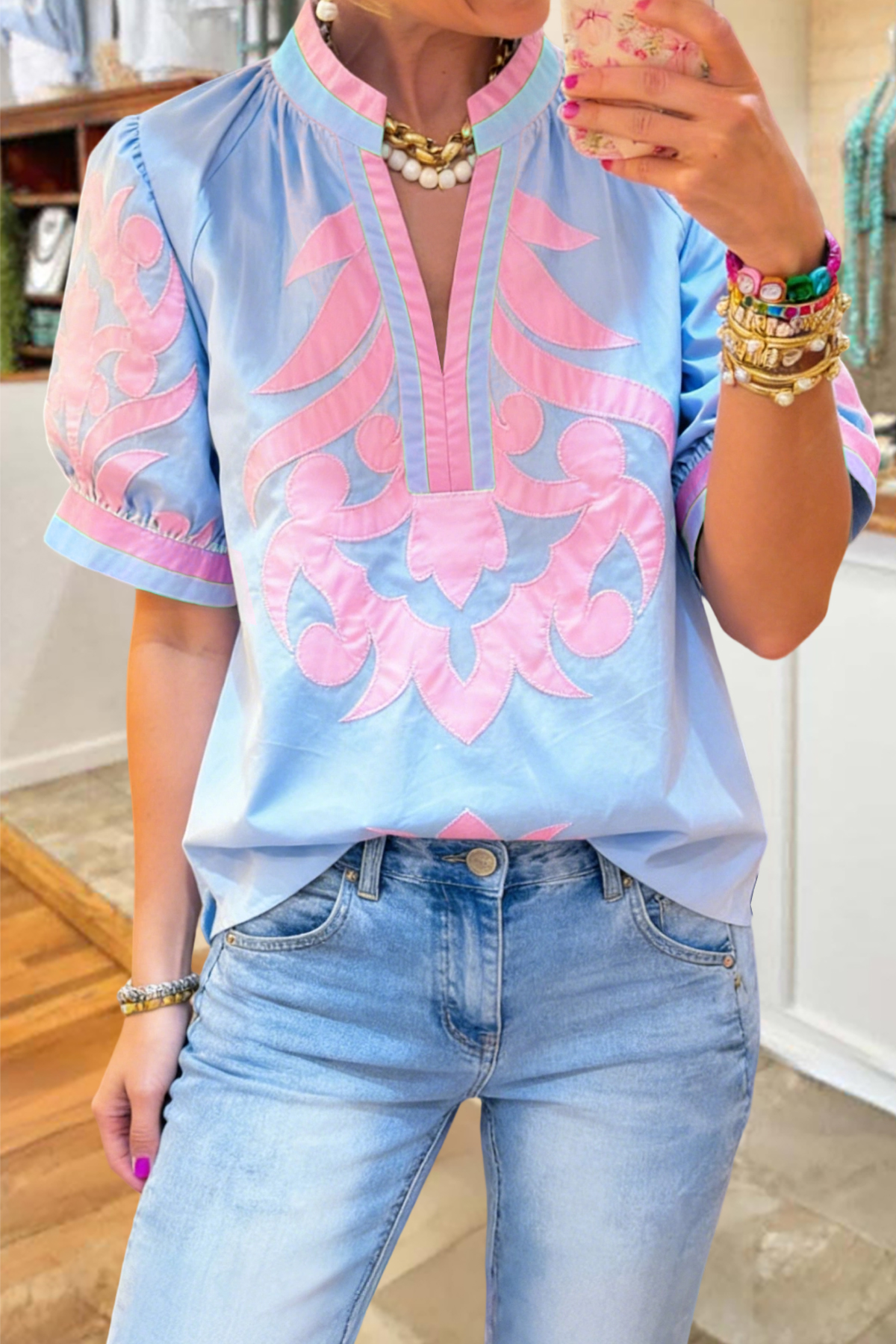 Sweet Abstract Print Puff Sleeve Blouse