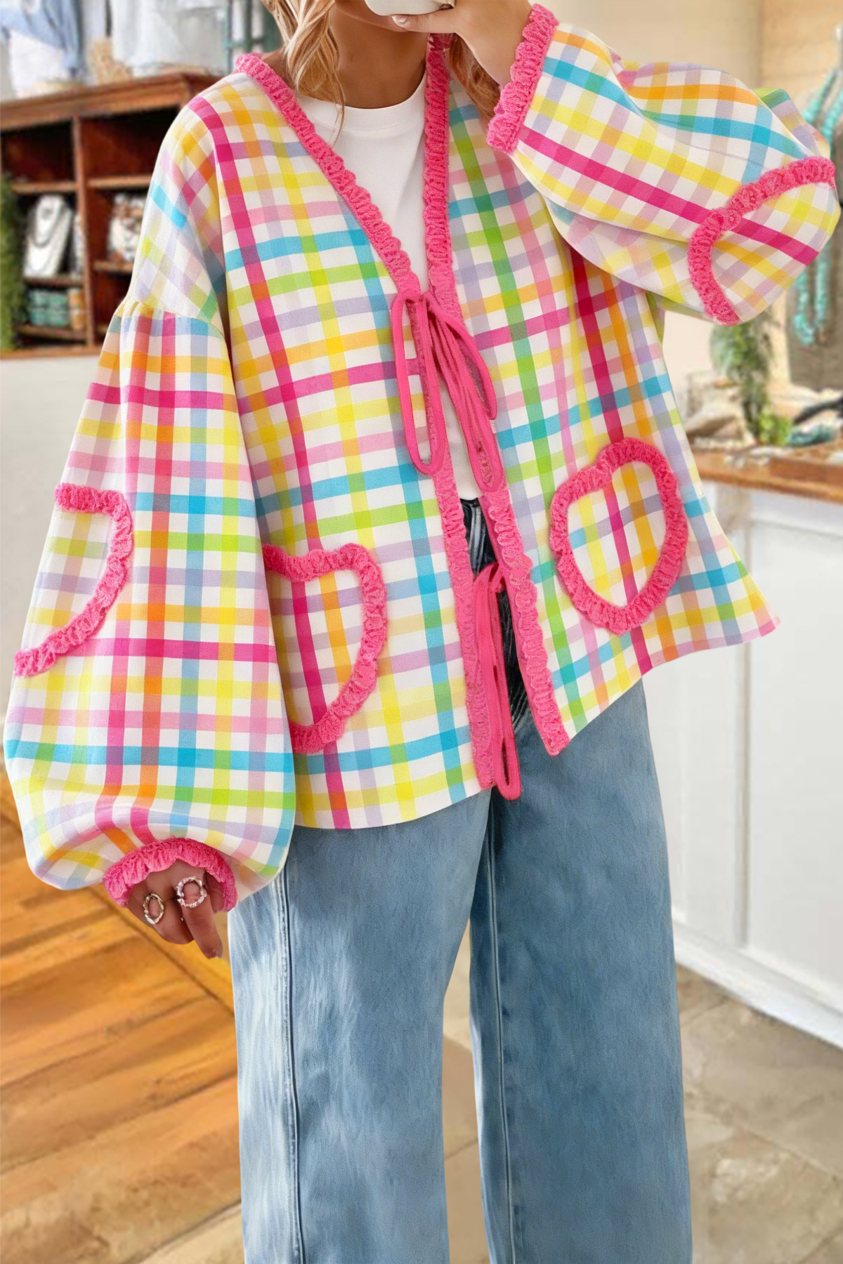 Sweet Easter Plaid Heart Lace Blouse