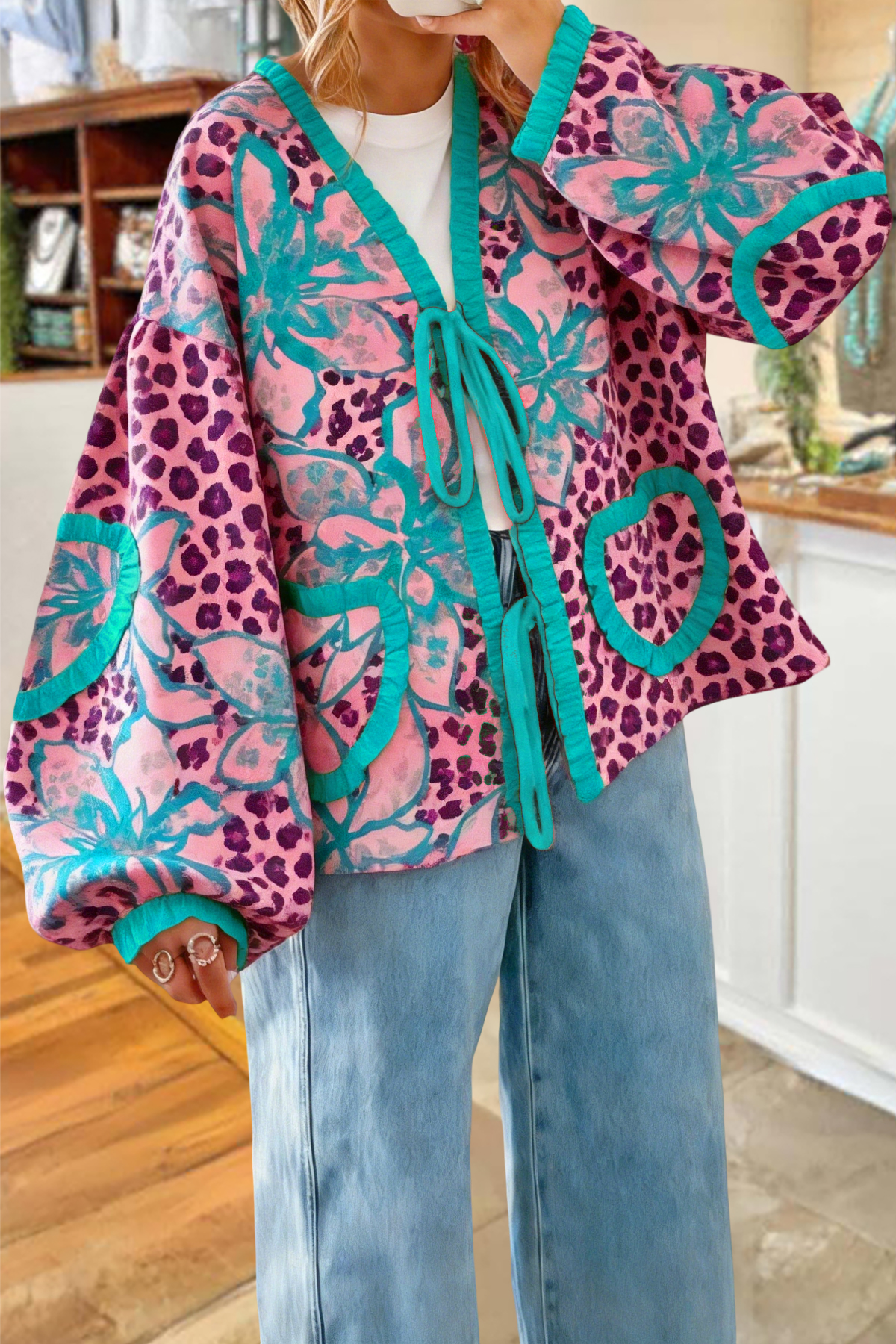 Leopard Print Floral Heart Lace Blouse