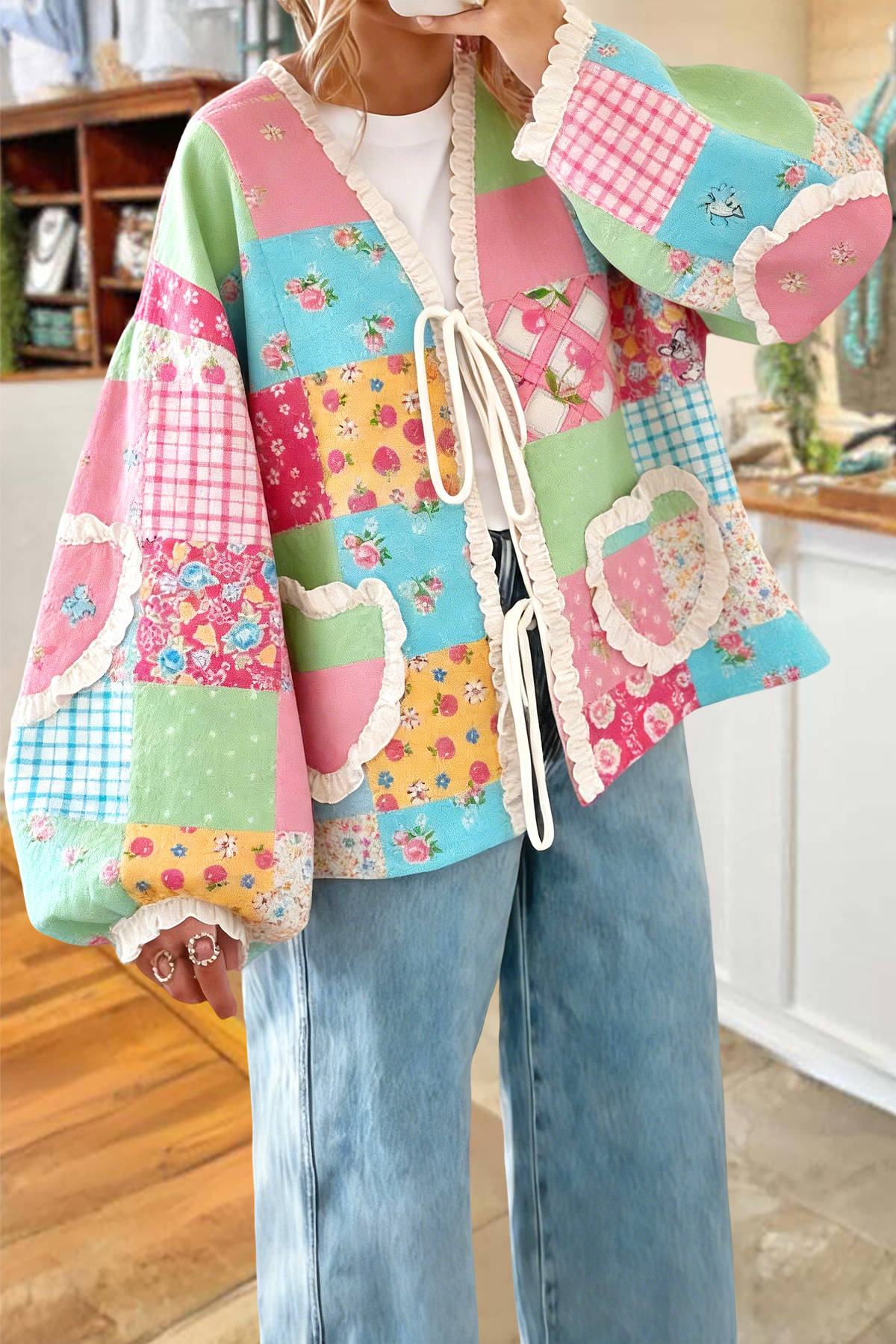 Sweet Floral Patchwork Heart Lace Blouse