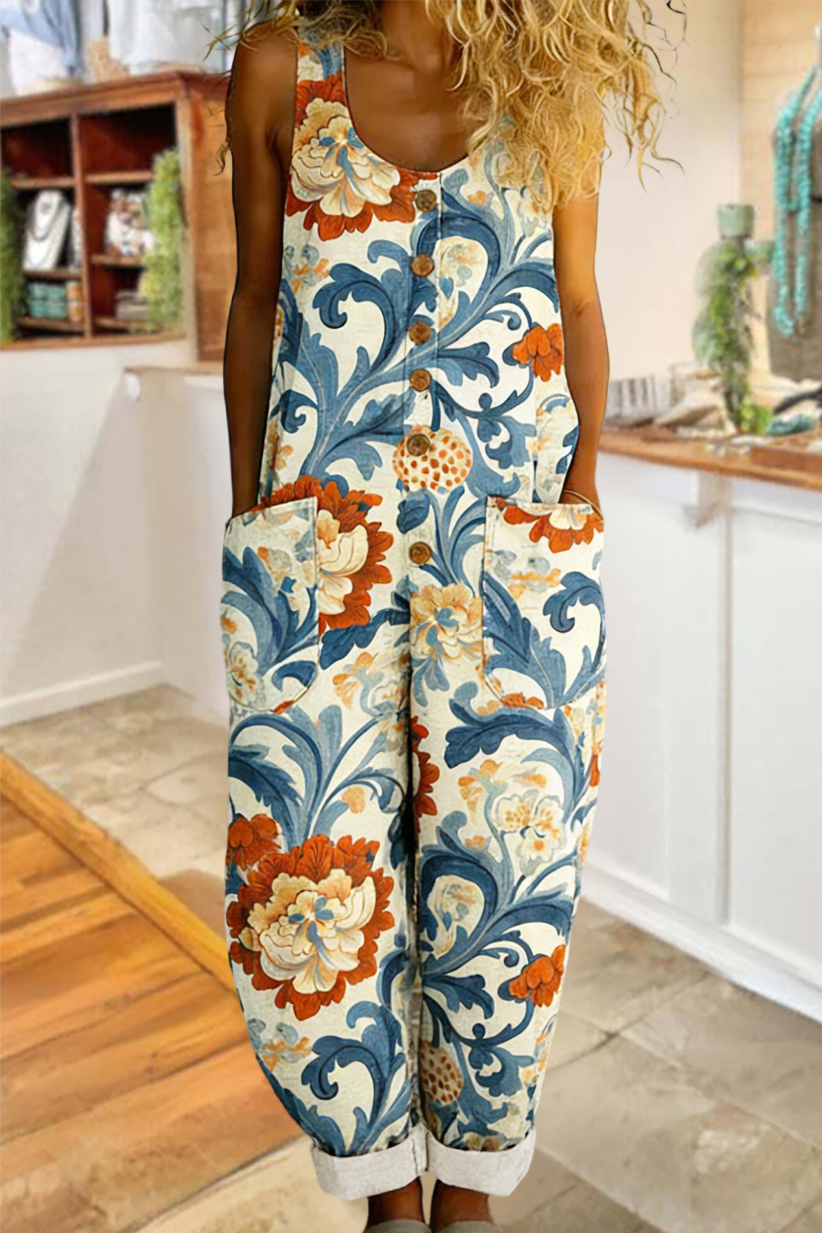 Vintage Floral Sleeveless Overalls